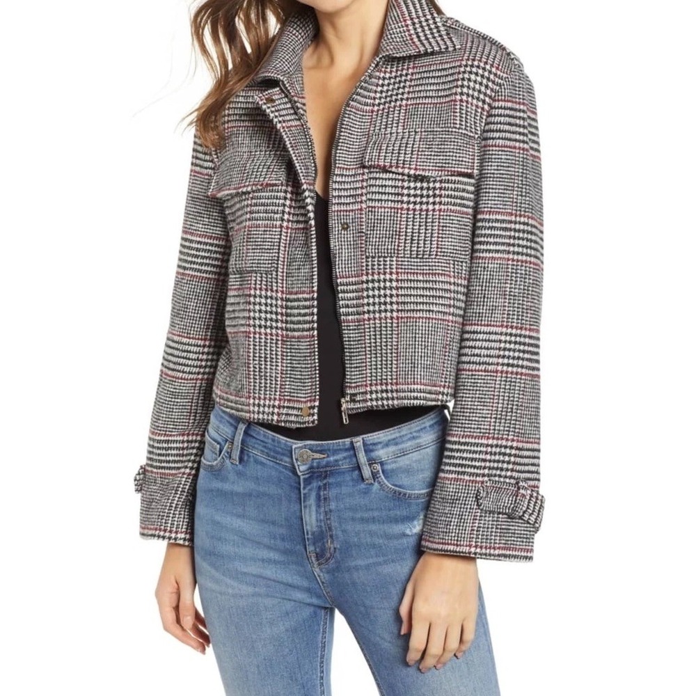 Bershka Womens Houndstooth Plaid Cropped Jacket Sz L